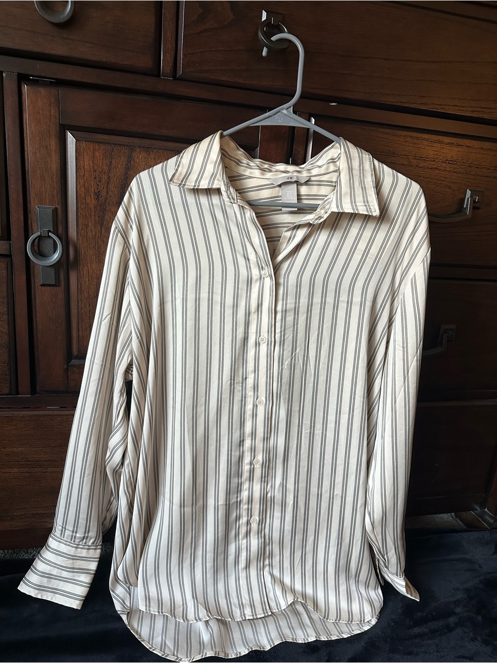 H&M Cream Button-Down Shirt with Dark Grey Stripes